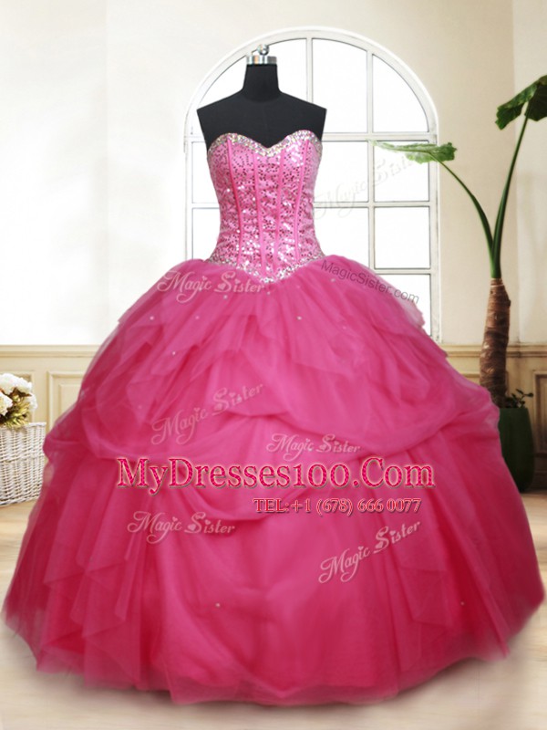 Admirable Hot Pink Tulle Lace Up Sweetheart Sleeveless Floor Length Vestidos de Quinceanera Beading and Ruffles and Sequins