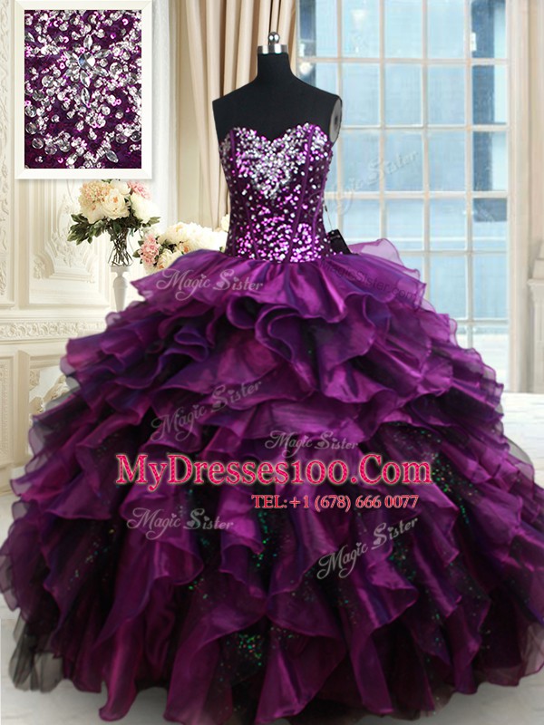 Luxury Sequins Ruffled Ball Gowns 15 Quinceanera Dress Purple Sweetheart Organza Sleeveless Floor Length Lace Up