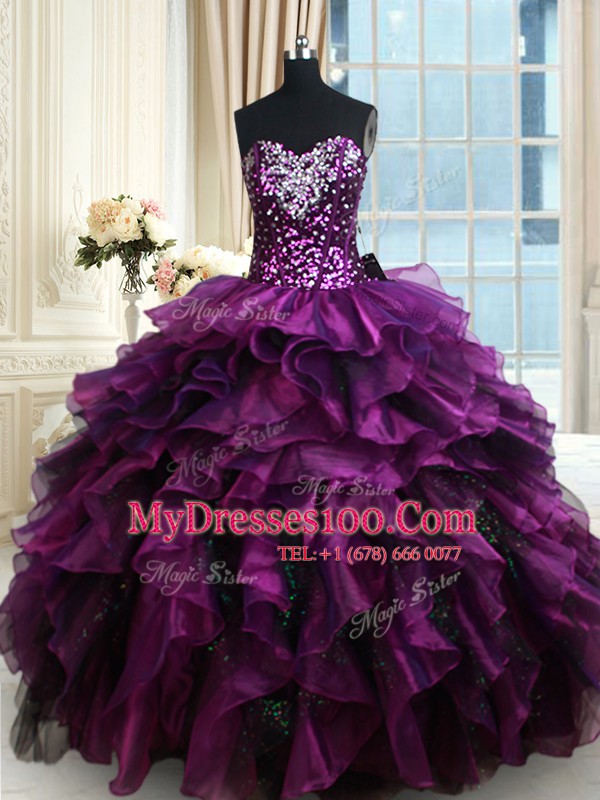 Luxury Sequins Ruffled Ball Gowns 15 Quinceanera Dress Purple Sweetheart Organza Sleeveless Floor Length Lace Up