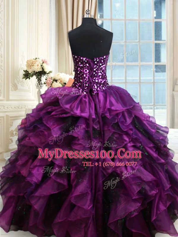 Luxury Sequins Ruffled Ball Gowns 15 Quinceanera Dress Purple Sweetheart Organza Sleeveless Floor Length Lace Up