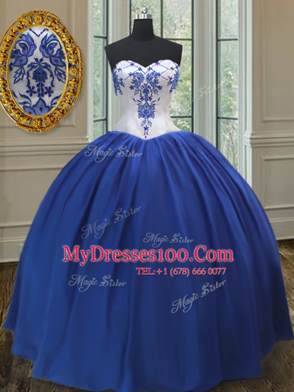 Royal Blue Taffeta Lace Up Sweetheart Sleeveless Floor Length Sweet 16 Quinceanera Dress Embroidery