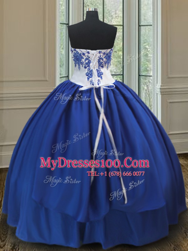 Royal Blue Taffeta Lace Up Sweetheart Sleeveless Floor Length Sweet 16 Quinceanera Dress Embroidery