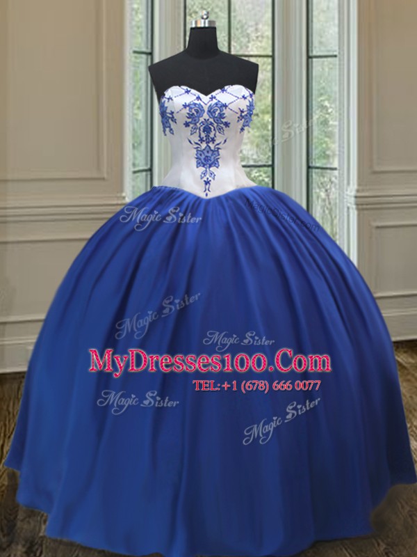Royal Blue Taffeta Lace Up Sweetheart Sleeveless Floor Length Sweet 16 Quinceanera Dress Embroidery