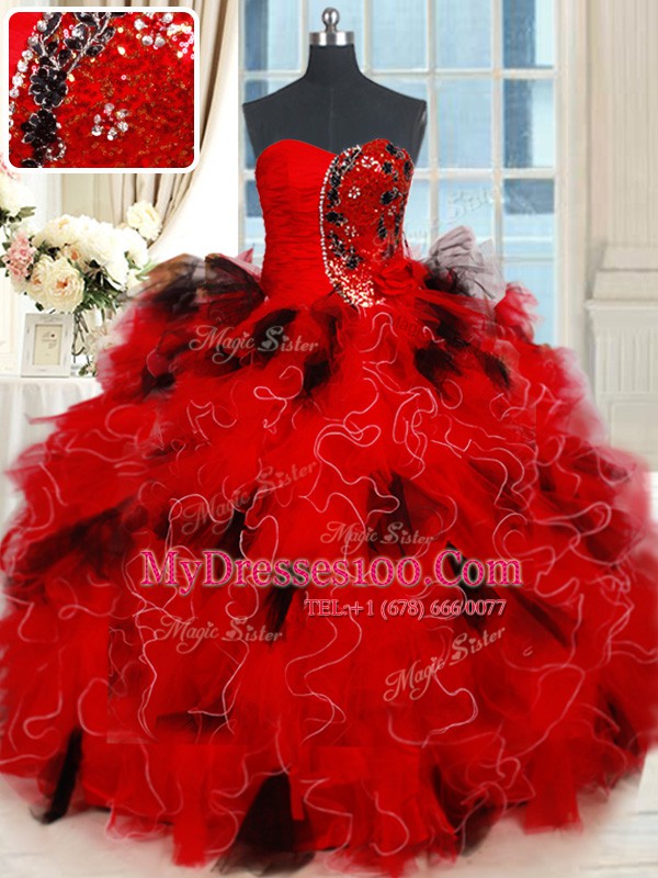 Floor Length Black and Red Quinceanera Dresses Tulle Sleeveless Beading and Ruffles and Sequins
