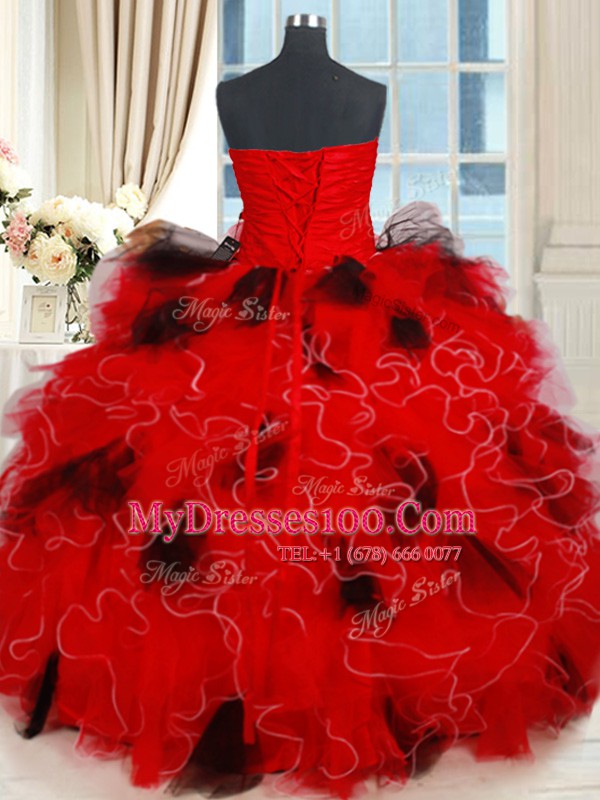 Floor Length Black and Red Quinceanera Dresses Tulle Sleeveless Beading and Ruffles and Sequins