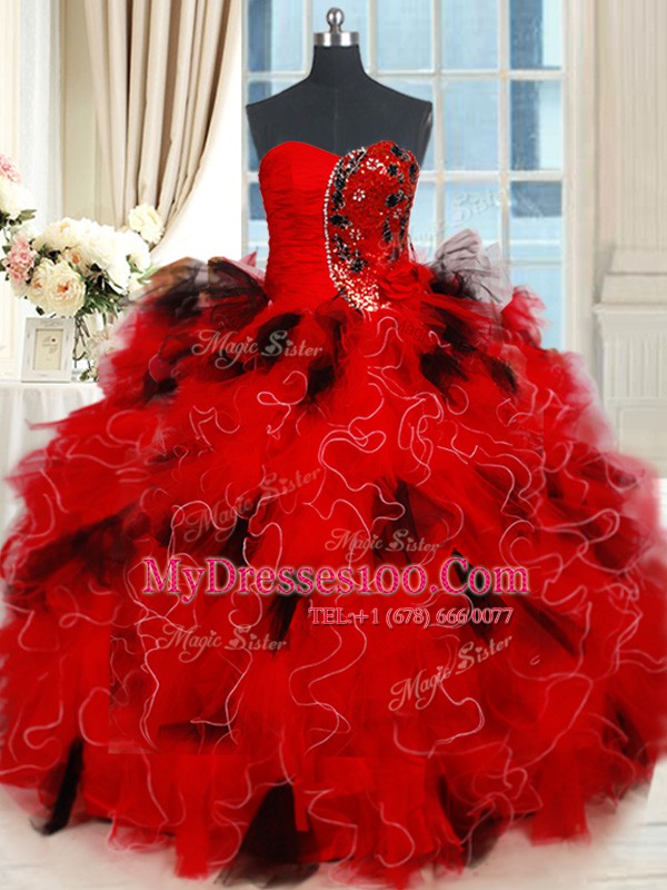Floor Length Black and Red Quinceanera Dresses Tulle Sleeveless Beading and Ruffles and Sequins