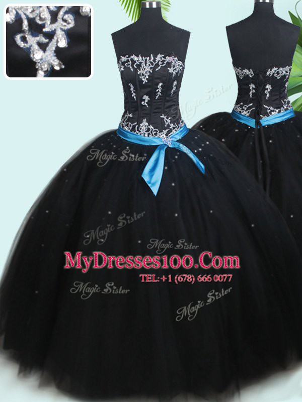 Black Sleeveless Floor Length Beading and Belt Lace Up 15 Quinceanera Dress