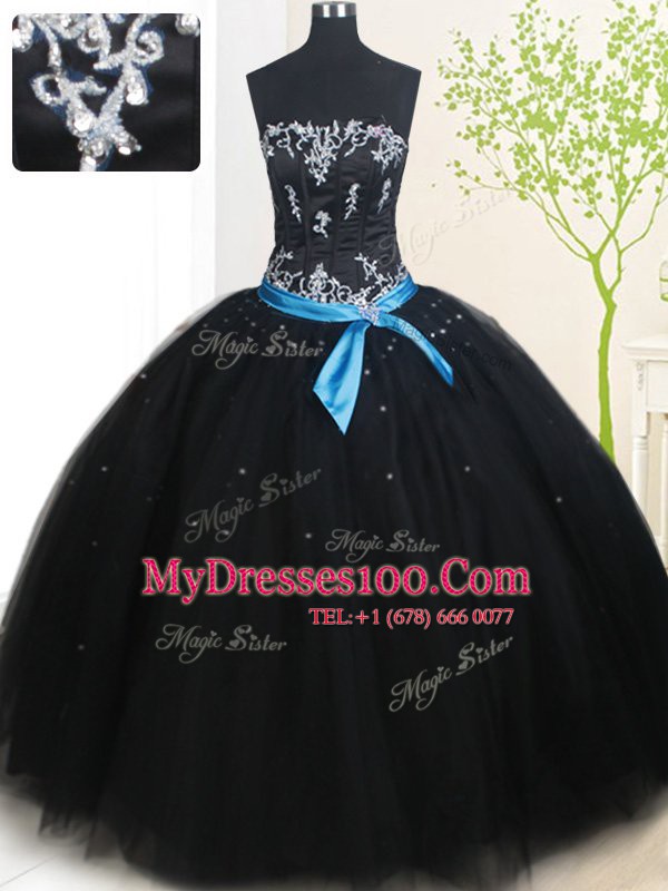 Black Sleeveless Floor Length Beading and Belt Lace Up 15 Quinceanera Dress