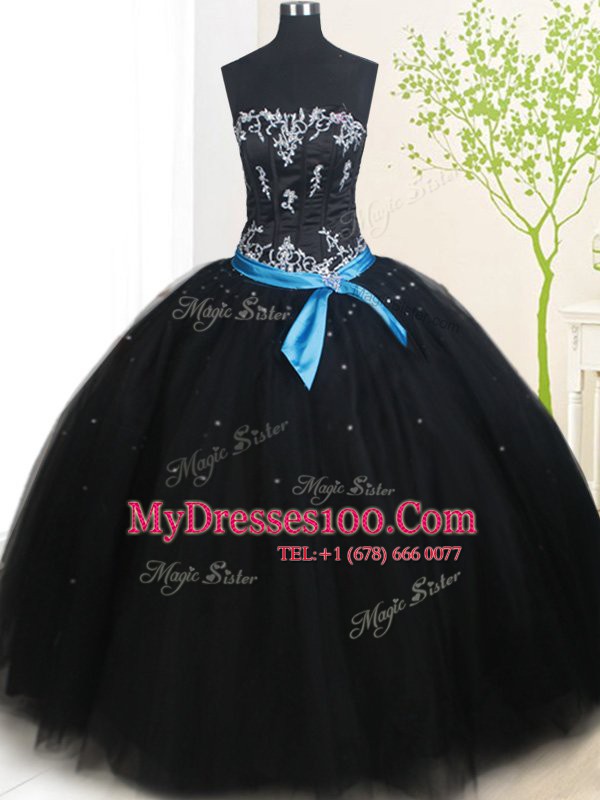 Black Sleeveless Floor Length Beading and Belt Lace Up 15 Quinceanera Dress