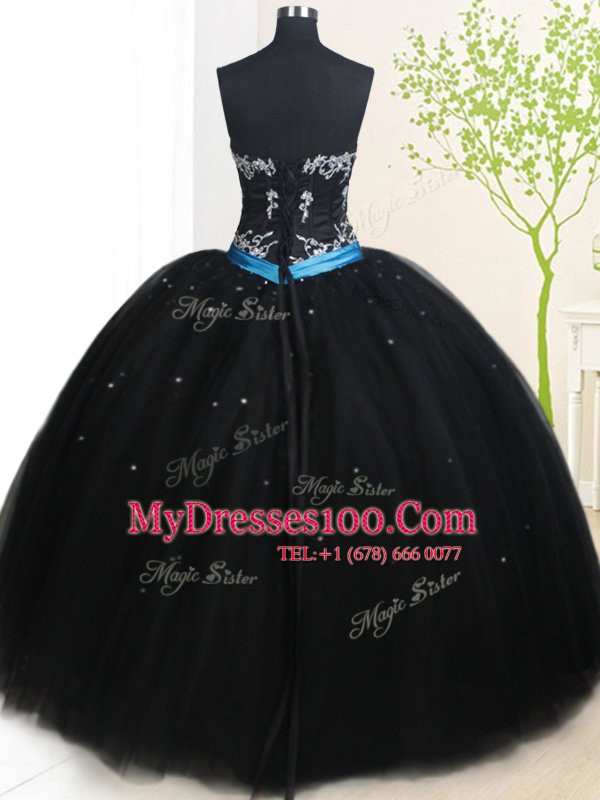 Black Sleeveless Floor Length Beading and Belt Lace Up 15 Quinceanera Dress