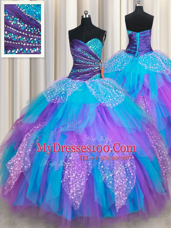 High End Multi-color Quinceanera Gown Military Ball and Sweet 16 and Quinceanera and For with Beading and Ruffles Sweetheart Sleeveless Lace Up