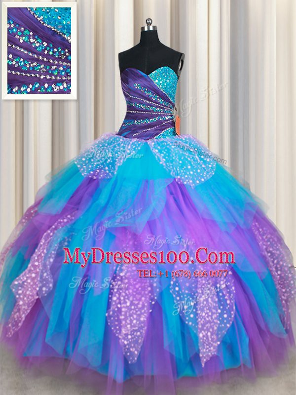 High End Multi-color Quinceanera Gown Military Ball and Sweet 16 and Quinceanera and For with Beading and Ruffles Sweetheart Sleeveless Lace Up