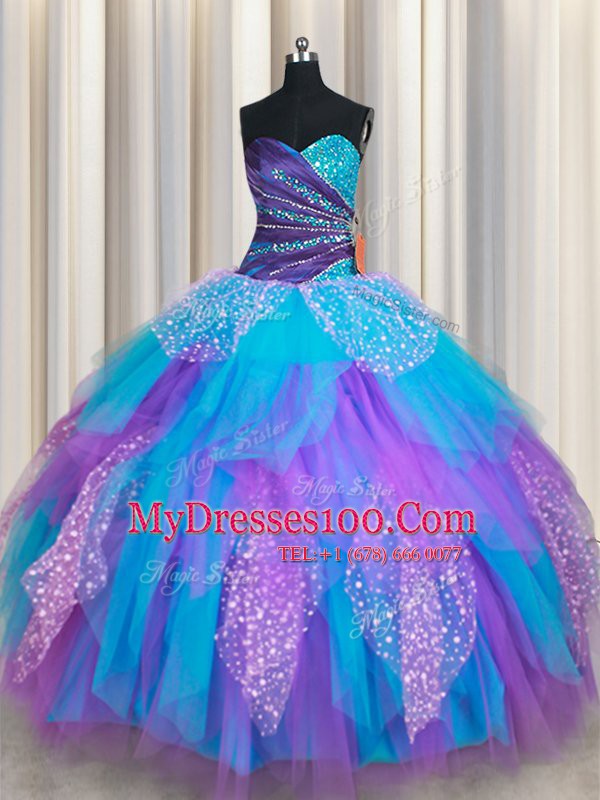 High End Multi-color Quinceanera Gown Military Ball and Sweet 16 and Quinceanera and For with Beading and Ruffles Sweetheart Sleeveless Lace Up