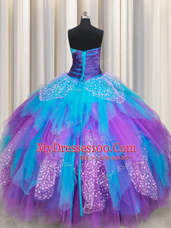 High End Multi-color Quinceanera Gown Military Ball and Sweet 16 and Quinceanera and For with Beading and Ruffles Sweetheart Sleeveless Lace Up