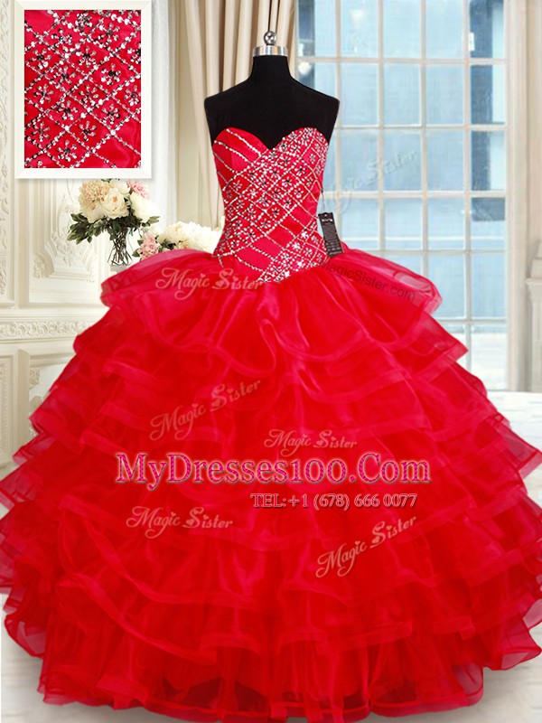 Red Sleeveless Floor Length Beading and Ruffled Layers Lace Up Quinceanera Gowns