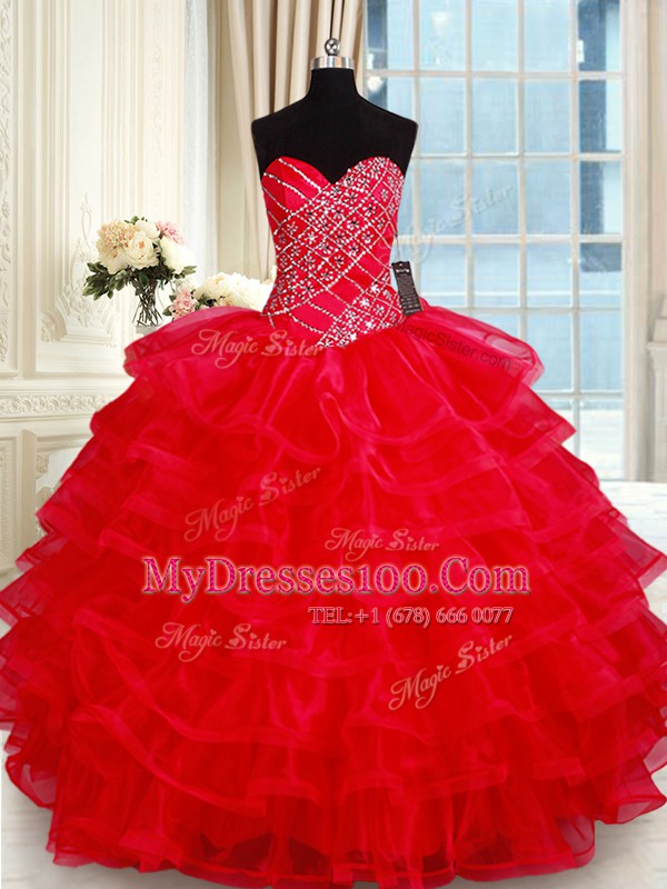 Red Sleeveless Floor Length Beading and Ruffled Layers Lace Up Quinceanera Gowns