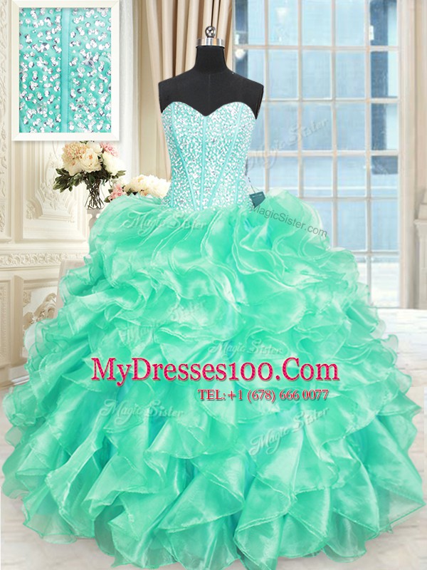Floor Length Lace Up Quinceanera Gowns Turquoise for Military Ball and Sweet 16 and Quinceanera with Beading and Ruffles