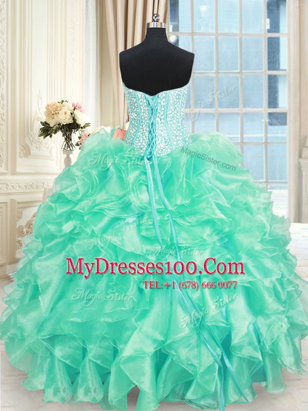Floor Length Lace Up Quinceanera Gowns Turquoise for Military Ball and Sweet 16 and Quinceanera with Beading and Ruffles