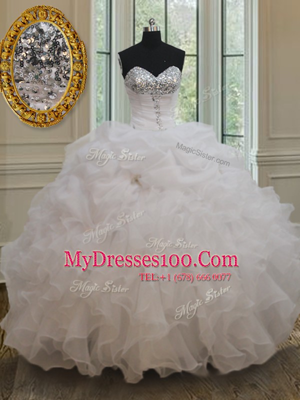 Sequins White Sleeveless Organza Lace Up Quinceanera Gowns for Military Ball and Sweet 16 and Quinceanera