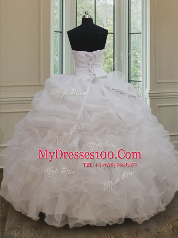 Sequins White Sleeveless Organza Lace Up Quinceanera Gowns for Military Ball and Sweet 16 and Quinceanera