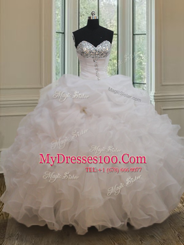 Sequins White Sleeveless Organza Lace Up Quinceanera Gowns for Military Ball and Sweet 16 and Quinceanera