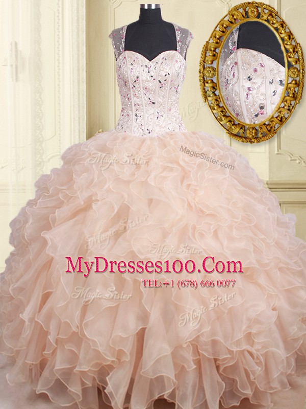 Gorgeous Straps Pink Zipper Quinceanera Dresses Beading and Ruffles Cap Sleeves Floor Length