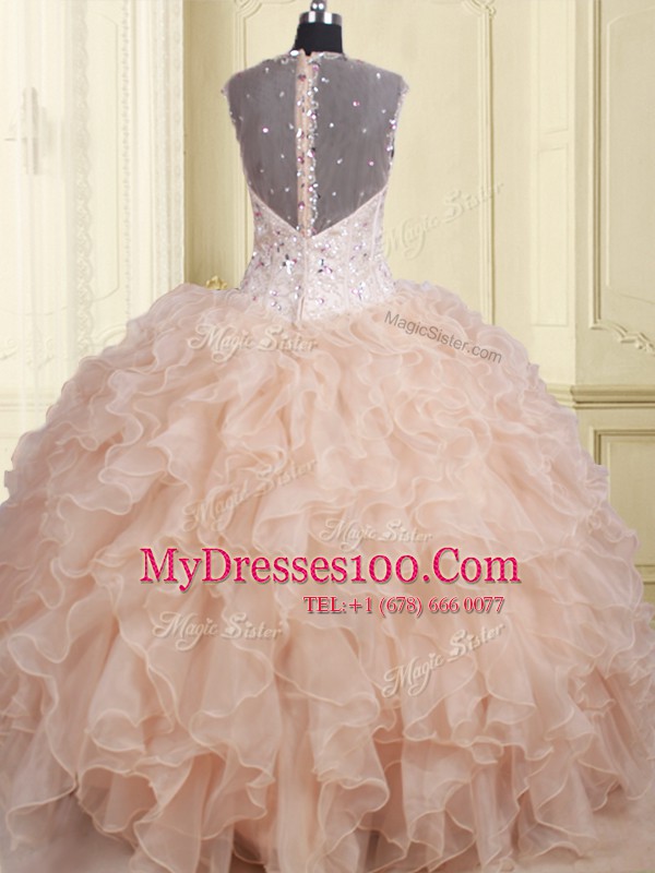 Gorgeous Straps Pink Zipper Quinceanera Dresses Beading and Ruffles Cap Sleeves Floor Length