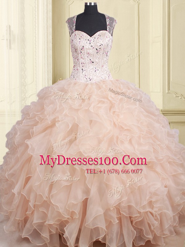 Gorgeous Straps Pink Zipper Quinceanera Dresses Beading and Ruffles Cap Sleeves Floor Length