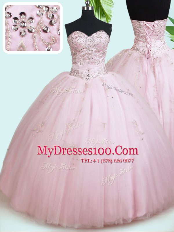 Inexpensive Floor Length Lace Up Sweet 16 Quinceanera Dress Baby Pink for Military Ball and Sweet 16 and Quinceanera with Beading