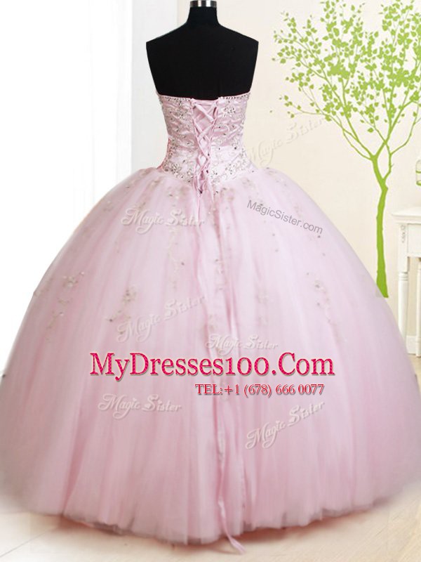 Inexpensive Floor Length Lace Up Sweet 16 Quinceanera Dress Baby Pink for Military Ball and Sweet 16 and Quinceanera with Beading
