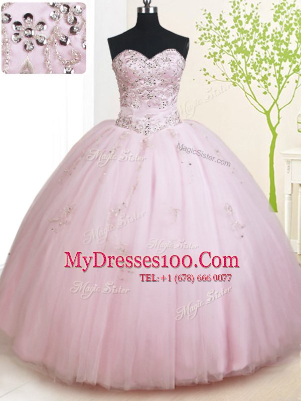 Inexpensive Floor Length Lace Up Sweet 16 Quinceanera Dress Baby Pink for Military Ball and Sweet 16 and Quinceanera with Beading