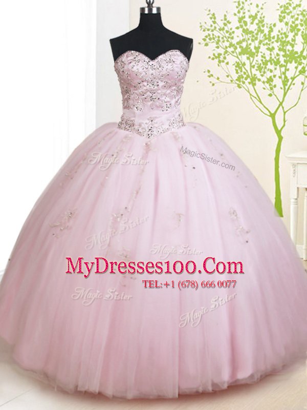 Inexpensive Floor Length Lace Up Sweet 16 Quinceanera Dress Baby Pink for Military Ball and Sweet 16 and Quinceanera with Beading