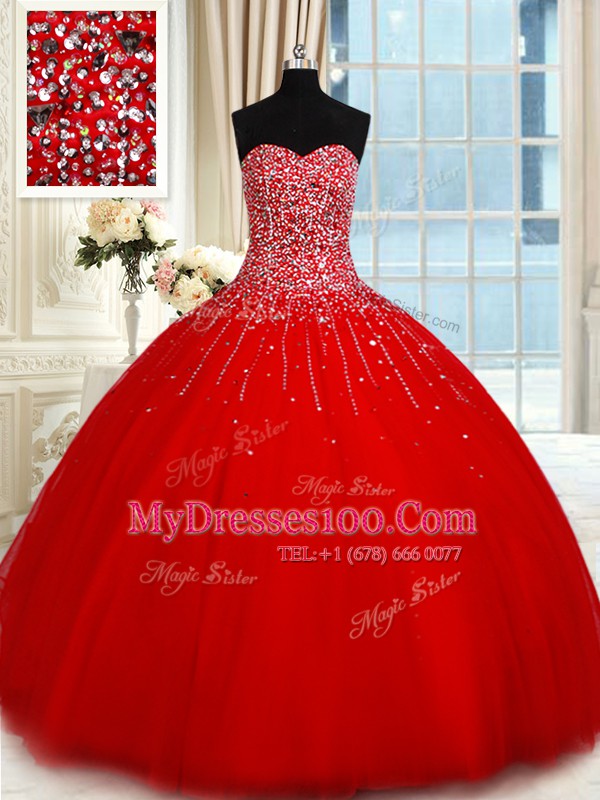 Flare Tulle Sleeveless Floor Length Ball Gown Prom Dress and Beading