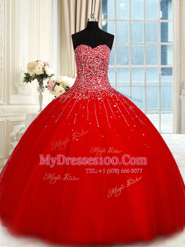 Flare Tulle Sleeveless Floor Length Ball Gown Prom Dress and Beading