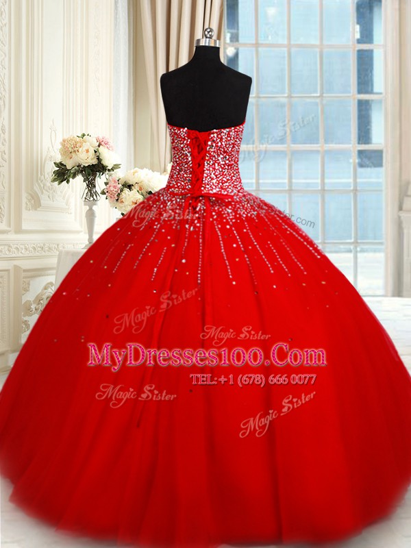 Flare Tulle Sleeveless Floor Length Ball Gown Prom Dress and Beading