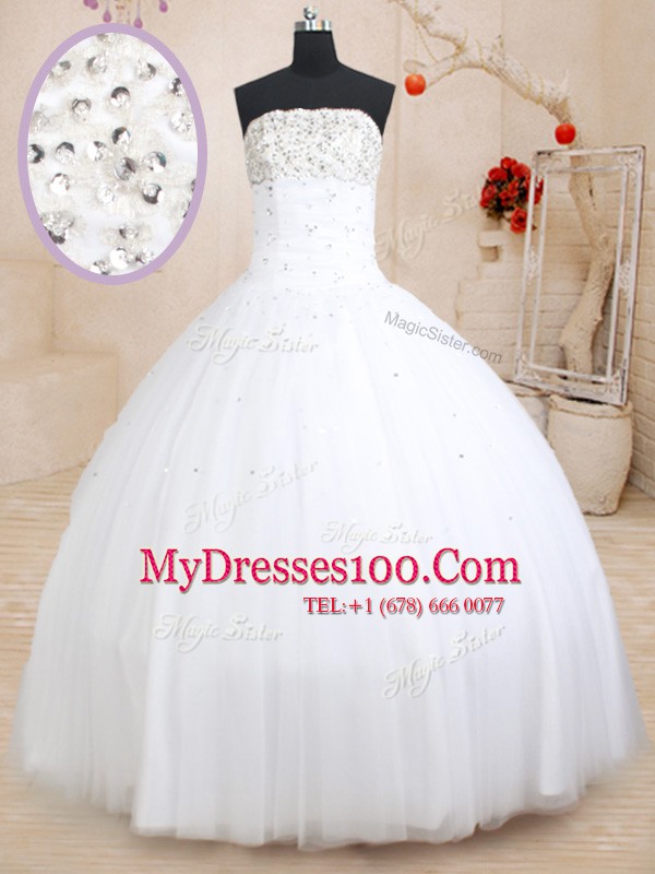 Low Price Sleeveless Tulle Floor Length Lace Up Quinceanera Gown in White with Beading