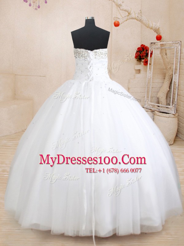 Low Price Sleeveless Tulle Floor Length Lace Up Quinceanera Gown in White with Beading