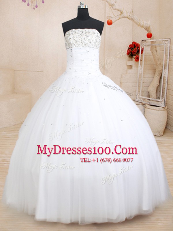 Low Price Sleeveless Tulle Floor Length Lace Up Quinceanera Gown in White with Beading
