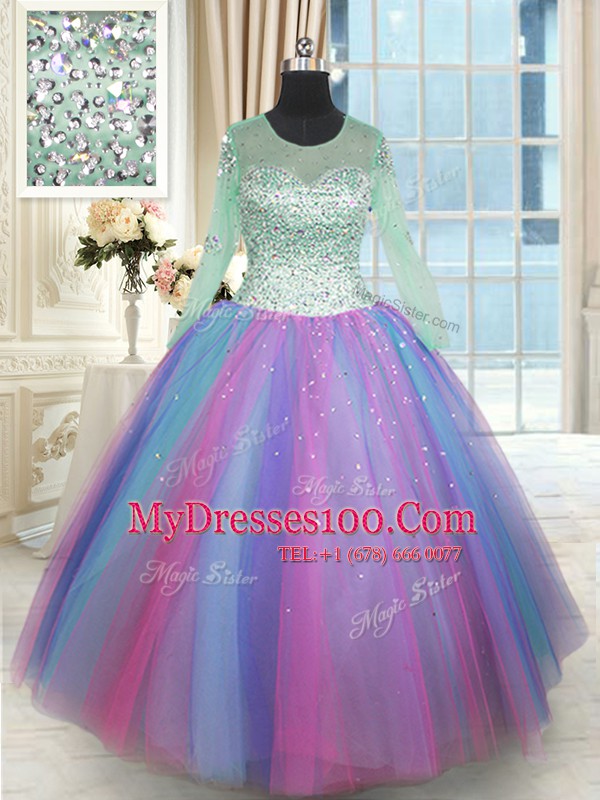 Scoop Floor Length Multi-color Sweet 16 Dress Tulle Long Sleeves Beading