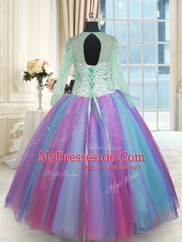 Scoop Floor Length Multi-color Sweet 16 Dress Tulle Long Sleeves Beading