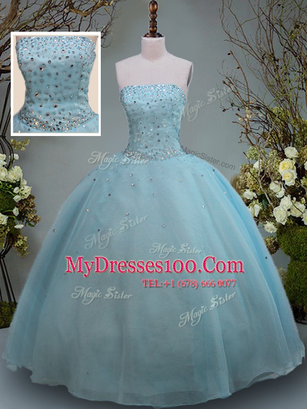 Aqua Blue Organza Lace Up Vestidos de Quinceanera Sleeveless Floor Length Beading