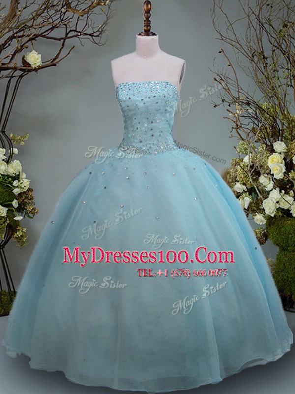 Aqua Blue Organza Lace Up Vestidos de Quinceanera Sleeveless Floor Length Beading