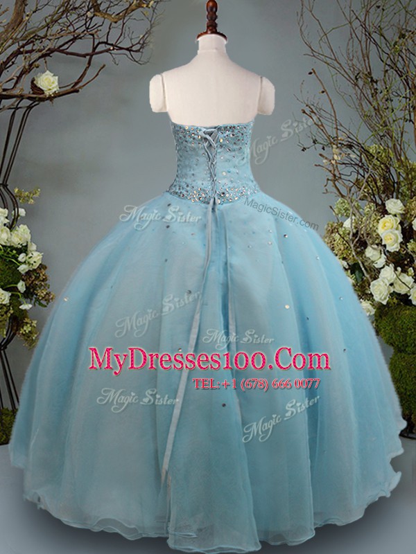Aqua Blue Organza Lace Up Vestidos de Quinceanera Sleeveless Floor Length Beading