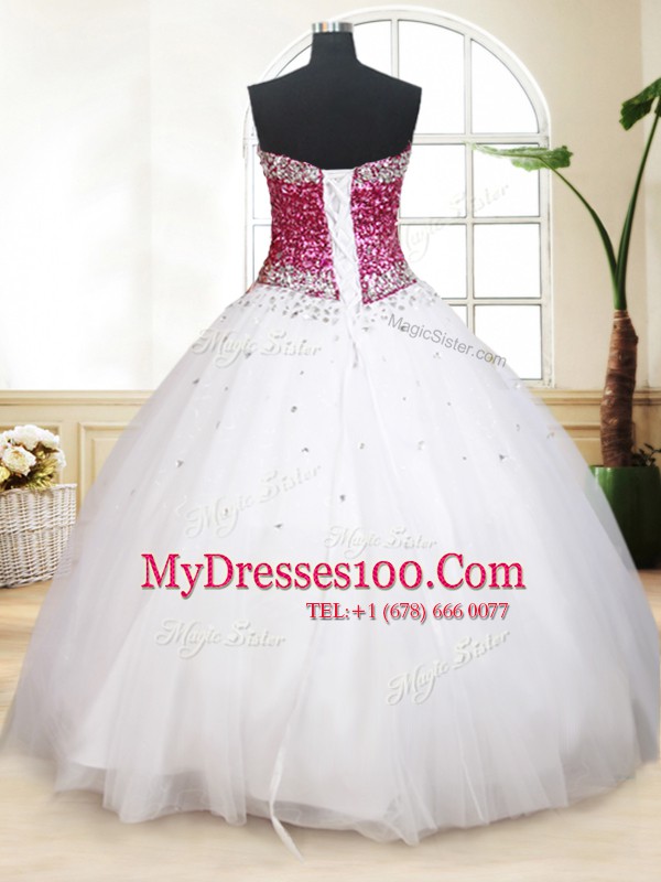 Spectacular White Ball Gowns Beading Quince Ball Gowns Lace Up Tulle Sleeveless Floor Length