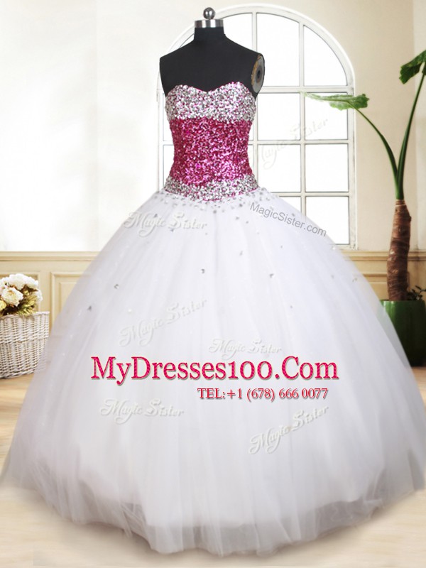 Spectacular White Ball Gowns Beading Quince Ball Gowns Lace Up Tulle Sleeveless Floor Length
