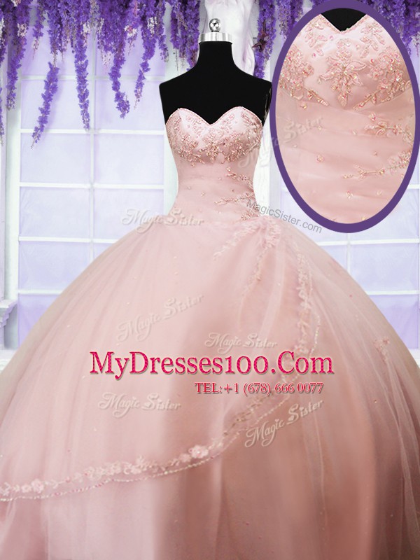 Wonderful Baby Pink Ball Gowns Beading and Appliques Quinceanera Gowns Lace Up Tulle Sleeveless Floor Length