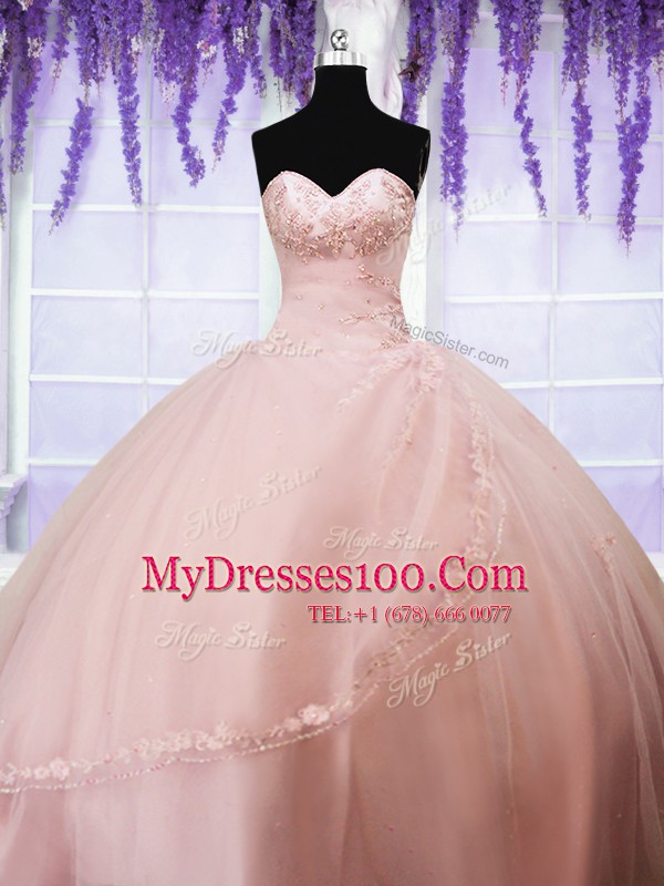 Wonderful Baby Pink Ball Gowns Beading and Appliques Quinceanera Gowns Lace Up Tulle Sleeveless Floor Length