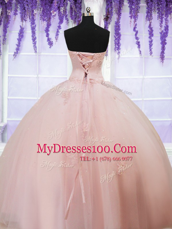 Wonderful Baby Pink Ball Gowns Beading and Appliques Quinceanera Gowns Lace Up Tulle Sleeveless Floor Length