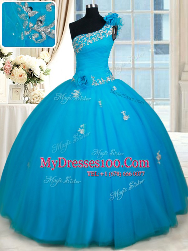 One Shoulder Baby Blue Sleeveless Beading and Appliques and Hand Made Flower Floor Length Ball Gown Prom Dress