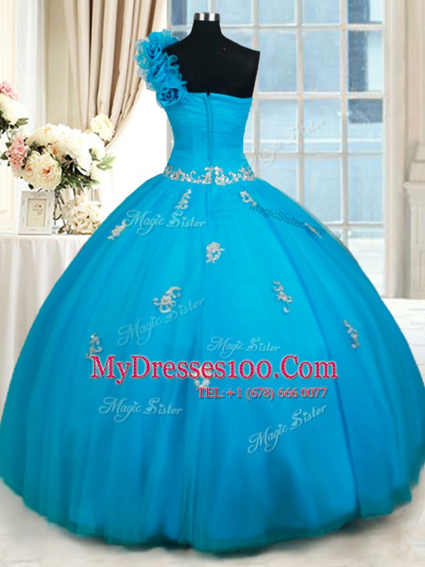 One Shoulder Baby Blue Sleeveless Beading and Appliques and Hand Made Flower Floor Length Ball Gown Prom Dress